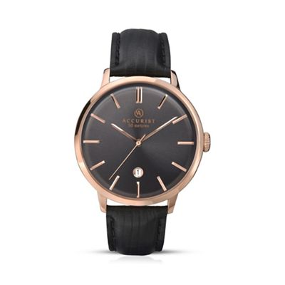 Men's black leather strap black dial watch 7013.01